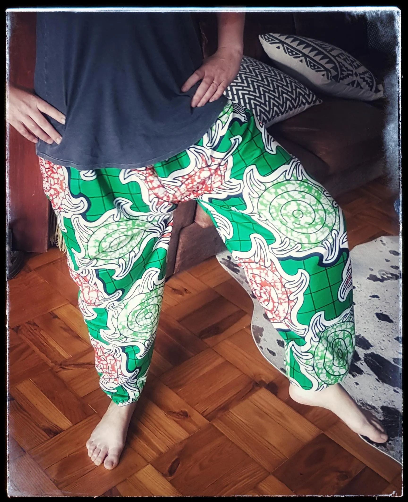 My wife modelling the monkey pants